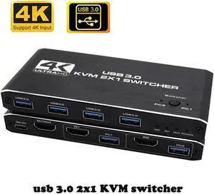 4K USB KVM Switch USB 3.0 Switcher HDMI-compatible KVM Switch 2 In 1 Out for 2 PC Sharing Keyboard and Mouse EDID / HDCP Printer