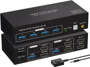 Dual Monitor KVM Switch HDMI 2 Port 4K60Hz KVM Switcher for 2 Computers 2 Monitors with 4 USB 3.0 Ports Support Copy and Extended Display and Desktop Control Including 2 USB 3.0 Cable
