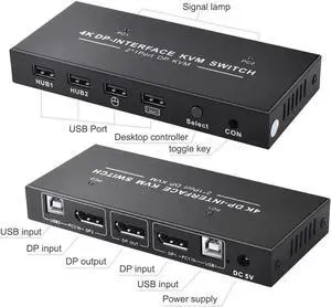 2 Port Displayport KVM Switch 4K 60Hz USB DP KVM 2 in 1 out DP USB KVM Switch 2x1 For PC to share monitor mouse keyboard printer