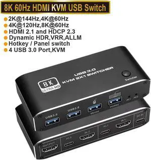 HDMI 2.1 KVM Switch HDMI USB 3.0 KVM Switch 8K 1080@240Hz USB KVM Switcher for Shared Indicator Keyboard And Mouse Printer