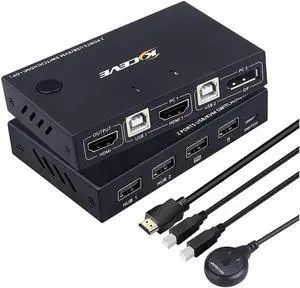 HDMI KVM Switch, DP+HDMI 2 Port KVM Switch, HDMI and Displayport USB Switch for 2 Computers Share One Set Keyboard Mouse Printer and One Monitor, 4K @30Hz with DP to HDMI Function