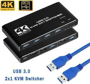 4K USB KVM Switch USB 3.0 Switcher HDMI-compatible KVM Switch 2 In 1 Out for 2 PC Sharing Keyboard and Mouse EDID / HDCP Printer