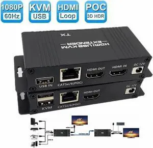 KVM Extender HDMI Extender with USB KVM Control RJ45 60m over IP Cat6 POC Mouse Transmitter Receiver for PC Computer