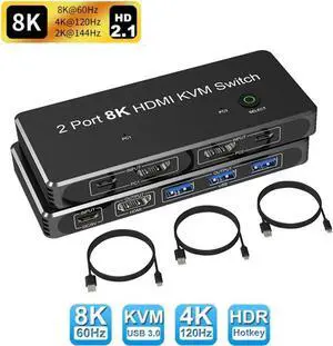2 Port 8K HDMI KVM Switch HDMI-compatible USB Switcher 8K @60Hz 4K @120Hz with USB port HDCP for PS4 PS5 pro 8K HDTV PC Printer