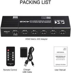 4*2 HDMI Switch Splitter 4 in 2 out 4K@60HZ HDMI 1.4 Matrix 4X2 Dual Audio Output Optical SPDIF 3.5mm L/R 3D Support EDID with Remote Switch Controller