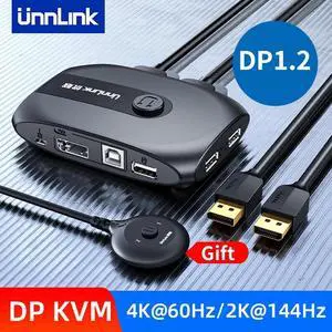 4K@60Hz DP KVM Switch 2K@144Hz Displayport Switcher with Controller Ports for Monitor Printer Keyboard