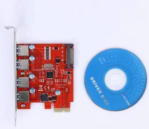 4 Ports PCI-E to USB 3.0 PCI Express Expansion Card Adapter VIA 5Gbps with SATA 15-Pin Power Connector for Desktop Red