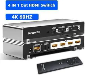 HDMI Switch 4 In 1 4K 60 Hz Switcher Out with 5.1 4x1 Optical 3.5mm Audio Converter for PS5 Xbox Laptop Amplifier TV