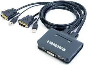 DVI KVM Switcher 2 Ports USB DVI Switch KVM Selector Box 2X1 with Desktop Controller Control 2 PC via 1 Pair USB Mouse & Keyboad