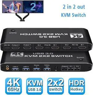 Dual Monitor HDMI KVM Switch 2x2 USB3.0 HDMI KVM Switch 2 in 2 out 4K 60Hz 2x2 Mixed Display 2 Monitors 2 Computer for PC laptop