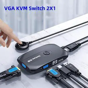 KVM Switch 2X1 1080P Switcher with Extender 2 Computer Laptop Share 1 Monitor 3 USB 2.0 Mouse Keyboard Printer Udisk