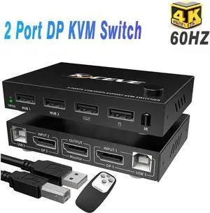 2 Port Displayport USB KVM Switch 2 in 1 Out, DisplayPort 2 Port DP Display Port KVM Switcher with 2.0 USB Hub Support 4K @60Hz (3840*2160) for Share Keyboard Mouse Monitor