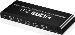 4K@60fs HDMI Splitter 1x4 HDMI 2.0 Splitter 4 Display (Same Time) 3.5mm Audio Output Optical SPDIF Toslink with Power Supply for HDTV Blu-ray DVD HD-DVD Players PS3 PS4 XBOX PC laptop