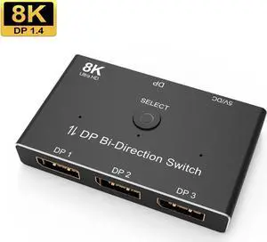 3 port 8K DisplayPort Switch Splitter 1x3 Bi-Direction DP 1.4 Switcher 8K@60Hz 4K@144Hz for Switch Multiple Source and display