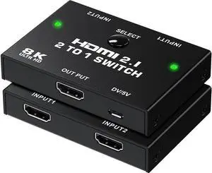 8K HDMI Switcher - 2 Ports HDMI 2.1 Switcher 2 in 1 Out HDMI Switcher Support 8K @60Hz 4K @120Hz 3D HDR for PS5 PS4 Pro Xbox One X Blue-Ray HDTV Player