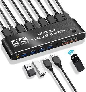 USB 3.0 2x2 KVM Switch 2 Monitors 2 Computers, USB3.0 HDMI KVM Switch Dual Monitor Sharing 4 USB Devices for Keyboard Mouse Scanner, 4K @60Hz KVM Switches Support Audio, Hotkey, Button Switching