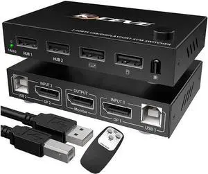 2 in 1 Out Dispplayport KVM Switch, 2 Port DP KVM Switcher with 2.0 USB Hub Support 4K @60Hz Control Up to 2 Computers for Share Keyboard, Mouse, Monitor