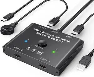 USB C Switch 2 in 1 Out or 1 in 2 Out, Type-C Bi-directional Switcher Box for 2 Computers with C Port, Supports 4K @120Hz 8K @60Hz Video / 10Gbps Data Transfer, Notes: No Splitter Function