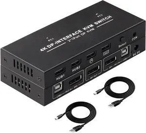 DisplayPort KVM Switch 2 Port 4K@60Hz 2 in 1 Out DP 1.2 and USB Switch for 2 Computers Share 1 Keyboard Mouse Monitor for Laptop, PC Supports with 4 USB 2.0 Ports, 2 USB KVM Cables 1.5m(5ft)