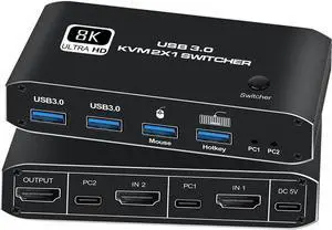 KVM Switch, 8K USB Switch 2x1 HDMI2.1 Ports + 4X USB3.0 KVM Ports, Share 2 Computers one Monitor Switch,Supports 8K 60Hz,4K 120Hz,YUV 4:4:4, HDCP 2.3, HDR 10, Hotkey