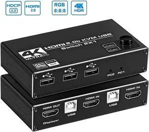 Switch HDMI 2 Port, Support 4K @60Hz, USB Switcher with 3 USB 2.0 Ports, 2 Computers Share One Monitor, Keyboard and Mouse, with 2 USB Cables, No Power Require, Plug and Play