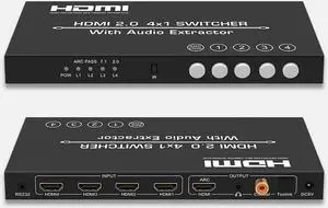 2.0 Switch 4K@60HZ HD 4 Port HDMI Switcher 4 In 1 out Audio Separation with 3.5mm Analog Audio Digital Fiber Coaxial Port Remote Control