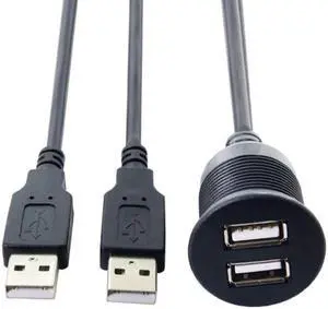 Aomoproing 1m Waterproof Dual USB 2.0 Extension AUX Flush Mount Car Mount Extension Cable for Dashboard Panel U2-028-2P