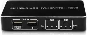 4K 60Hz 2 Port USB HDMI KVM Switch 1080p HDMI 2.0 Switcher 2X1 Support Keyboard Mouse Printer, Laptop To Monitor Video Converter