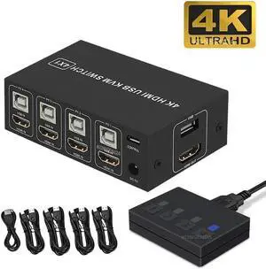 4 port HD KVM Switch HDMI-compatible 4K USB HD Switcher HD KVM HDMI compatible 4 in 1 out 4K 30HZ win10/8/mac os. PC laptop