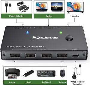 USB Type-C KVM Switch 2 In 1 Out 4K USB HDMI KVM Switch Support PD Charg for 2 Computers Share 1 Monitor and 4 USB Devices