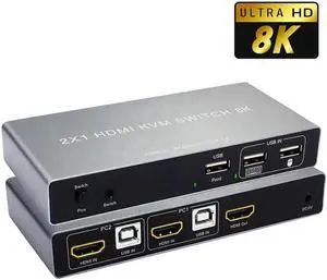 8K HDMI KVM Switch 2 in 1 out 8K 60Hz HDMI USB KVM Switcher Selector 2x1 Support 2 PC Share Mouse Keyboard Monitor for PC Laptop