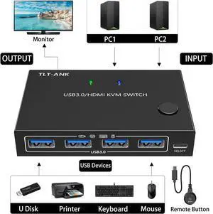USB 3.0 HDMI KVM Switch HD 4K@60Hz KVM HDMI Switch Controls 2 Computers Or Laptop Monitors Dual Input Display 18Gbps High Rate