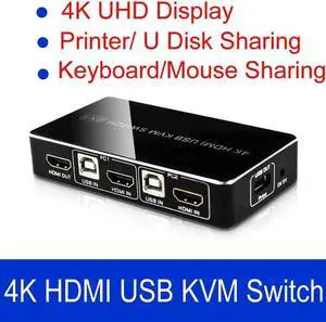 4K 2x1 HDMI Switcher Splitter USB KVM Switch Box Video Converter for 2 PC Computer Sharing 1 Printer Keyboard Mouse U Disk