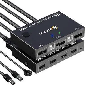 2 Port Display Port KVM DP Switch 2 in 1 Out, DisplayPort KVM Switcher Support 4K @60Hz Control Up to 2 Computers for Share Keyboard, Mouse, Monitor