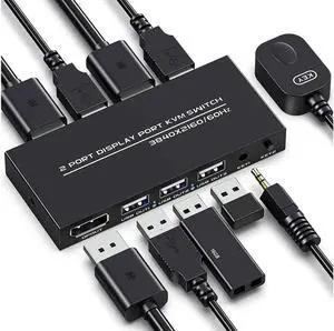 KVM Switch DisplayPort - 2 Port Displayport KVM Switch, Two Computers One Monitor Switch to Share Mouse,Keyboard,Printer,USB and Ultra HD Monitor, Support 4K@60Hz, 2 DP Cable and 2 USB Cable Included