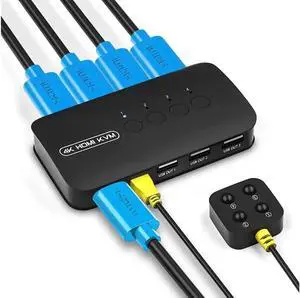 Aomoproing 4 Ports HDMI KVM Switch, HDMI USB Selector for 4 Computers Share Keyboard Mouse Printer and One HD 4K@30Hz Monitor, Including 4 KVM Cables