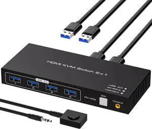 Aomoproing HDMI KVM Switch 2 Port 4K60Hz for 2 Computers Share 1 Monitor USB 3.0 KVM Switches PC Support 4 USB 3.0 Devices Such as Keyboard Mouse Printer with Desktop Wired Controller and 2 USB Cables