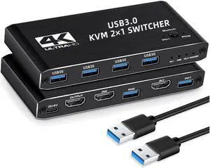 HDMI KVM Switch 2 Port, 4K@60Hz USB KVM Switch 2x1 HDMI2.0 Ports + 4x USB3.0 Ports, Share 2 Computers to one Monitor, Supports Hotkey Switch, Wireless Keyboard and Mouse, USB Disk, Printer, USB Camera