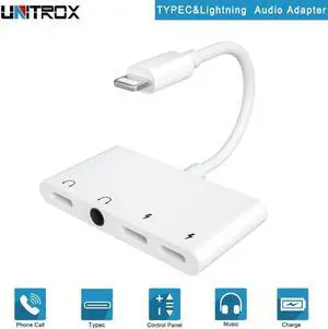 4 in 1 for Lightning to Audio Splitter With 3.5mm Headphone Aux Jack Adapter with USB C Charge Port for iPhone X/8 P/7/iPod/iPad
