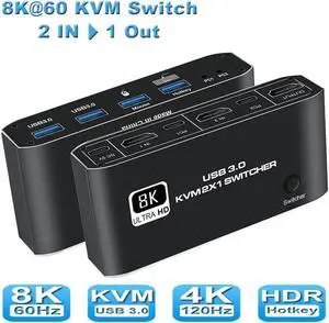 Aomopr2 in 1 Out HDMI KVM Switch, 8K USB Switch 2x1 HDMI2.1 Ports + 4x USB3.0 KVM Ports, Share 2 Computers one Monitor Switch,Supports 8K @60Hz,4K @120Hz,YUV 4:4:4, HDCP 2.3, H-D-R 10, Hotkey, Darkish
