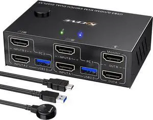 AomUSB 3.0 HDMI KVM Switch 2 Monitors 2 Computers 4K@60Hz 2K@144Hz, EDID Emulator, Camgeet Dual Monitor KVM Switch for 2 Computers Share 2 Displays and 4 USB 3.0 Ports,Wired Remote and Cables Included