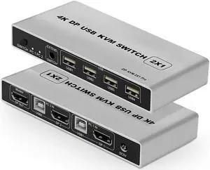 USB KVM Switch 2 Port 4K 60Hz USB and DP Switch for 2 Computers Share Keyboard Mouse Printer Monitor for Laptop,PC, Xbox HDTV, with 2x USB Cable, 1x Switch Button Cable, 1x Power Cable