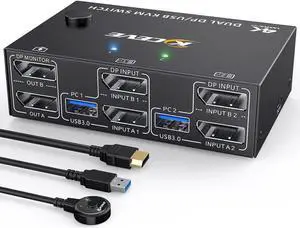 Aomoproing Displayport KVM Switch 2 Monitors 2 Computers 8K@30Hz 4K@144Hz,Camgeet USB3.0 Dual Monitor KVM Switches Displayport 1.4 with 4 USB 3.0 Port for USB Device,Wired Remote and 4 Cable Included