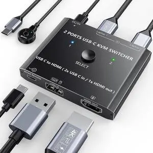 Aomoproing USB Type C KVM Switch 4K@60Hz, 2-Port Type C to HDMI Switcher for 2 USB-C Port Laptops Share 1 HDMI Monitor and USB Devices, with Wired Remote and USB-C Cable