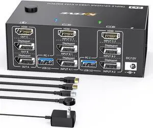 Aomoproing 2 Displayport + HDMI USB 3.0 KVM Switch 3 Monitors 2 Computers, 8K@60Hz,4K@144Hz Triple Monitor KVM with 4 USB 3.0 Ports, KVM Triple Monitor Keyboard Mouse Switcher,Included KVM Cables