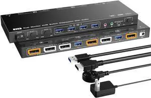 Aomoproing KVM Switch 2 Monitors 2 Computers, for 2 Computers to Share 4 USB 3.0 HUB and 2 Monitors, Support KVM Mode and USB Mode,Voice Controlled DisplayPort KVM Switch, 8K@30Hz 4K@144Hz