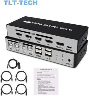 4 Ports USB KVM HDMI-compatible Switch 4 In 1 Out Hotkey Switch 4Kx2K@30Hz 3D for Laptop, PC, PS4, Xbox HDTV