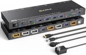 Aomoproing Displayport KVM Switch Dual Monitor KVM for 2 Computers 8K@30Hz/4K@144Hz Extend Display Support KVM Mode and USB Mode with Voice Control and Remote Control Include KVM Cables