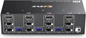 KVM Switch 3 Monitors 3 Computers 8K@60Hz 4K@144Hz, Camgeet HDMI+2 Displayport KVM Switch Triple Monitor for 3 Computer Share 3 Monitor and 4 USB3.0 Devices,Wired Remote and 12V power adapter Included