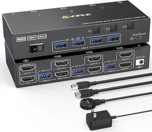 Aomoproing Dual Monitor KVM Switch USB 3.0 HDMI KVM Switch 2 Monitors 3 Computers 4K@60Hz 2K@144Hz, EDID Emulator, Dual Monitor KVM Switch with 4 USB 3.0 Ports,Wired Remote and Cables Included